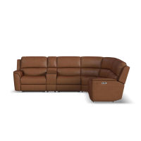 Flexsteel Henry Power Reclining Leather Match Sectional With Power Tilt Headrest | Power Lumbar