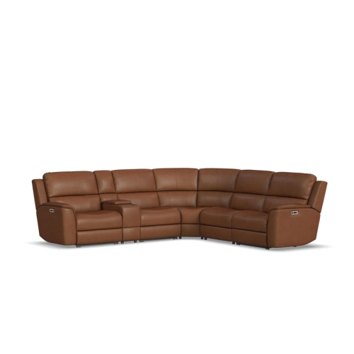 Flexsteel Henry Power Reclining Leather Match Sectional With Power Tilt Headrest | Power Lumbar