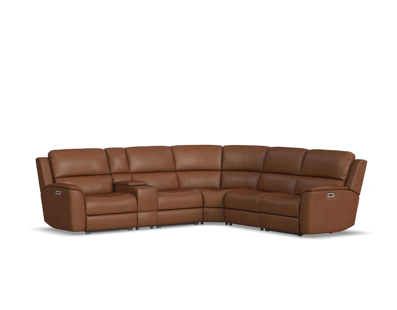 Flexsteel Henry Power Reclining Leather Match Sectional With Power Tilt Headrest | Power Lumbar